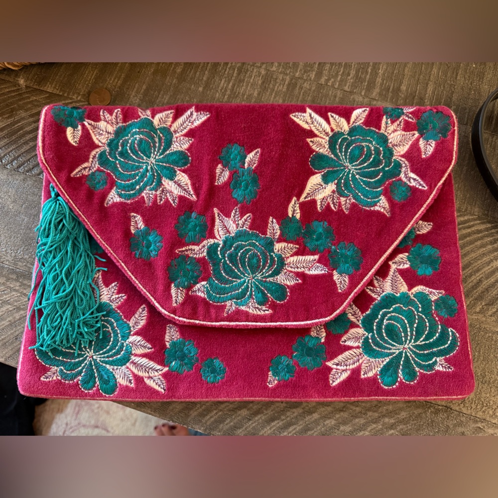 Anthropologie Floral Embroidered Clutch with Tassel